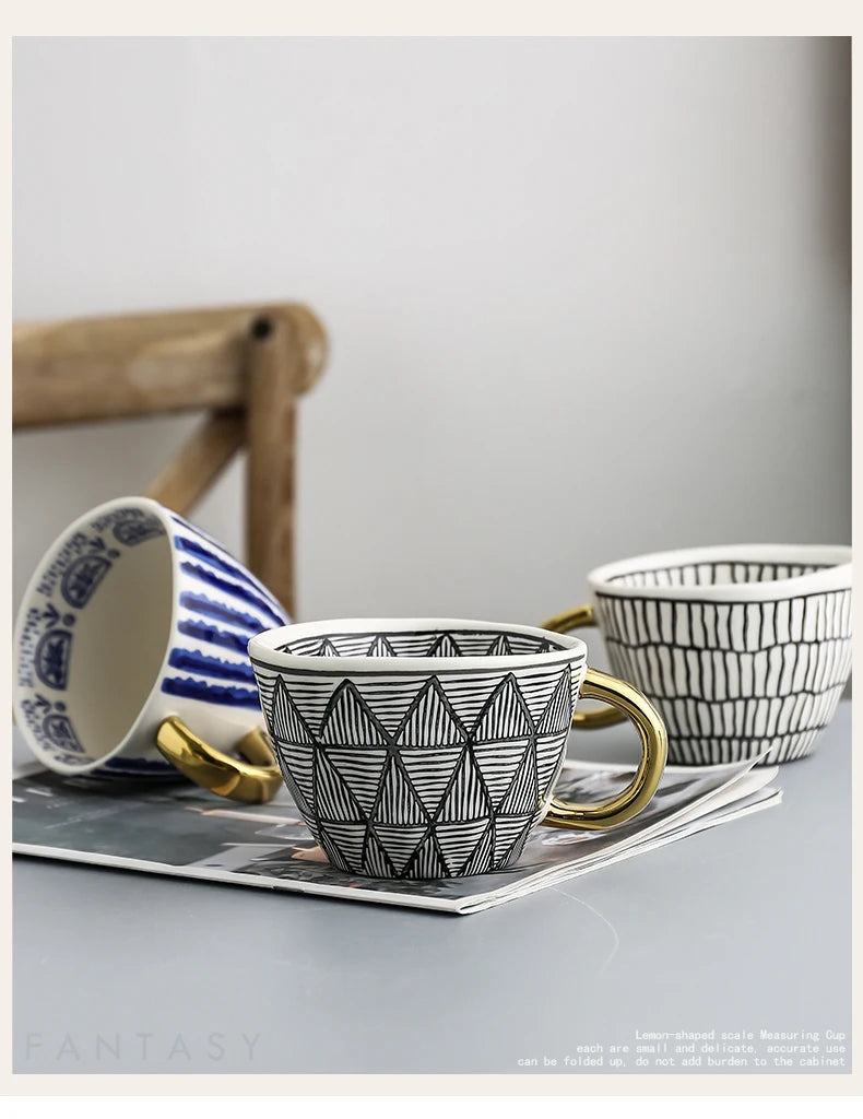 Hand Painted Geometric Ceramic Mugs With Gold Handle Handmade Irregular Cups For Coffee Tea Milk Oatmeal Creative Birthday Gifts