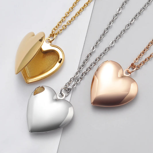 2Pcs/Lot Mirror Polish Stainless Steel Love Heart Photo Frame 28.5*28.5mm DIY Memory Locket Pendant Necklace