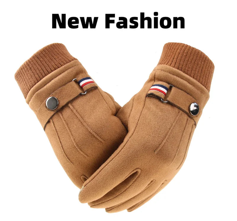 Winter Men's Gloves Suede Keep Warm Touch Screen Windproof Driving Guantes Thick Cashmere Anti Slip Outdoor Male Leather Gloves