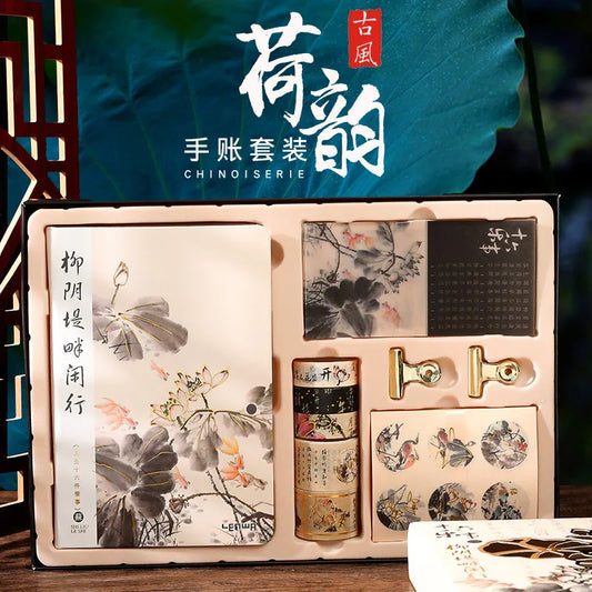 Chinese Style Notebook Gift Box Set Chinese Painting Lotus Diary Daily Weekly Planner 2022 Notepad Business Office School Supply