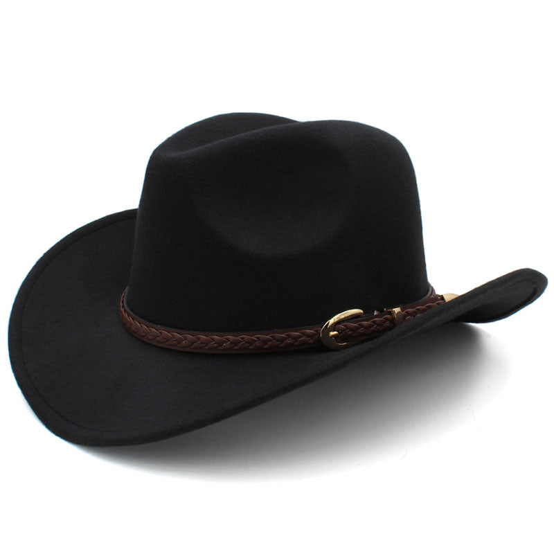 Coffee Leather Band Vintage Parent-child Women Men /Kid Child Wool Wide Brim Cowboy Western Hat Cowgirl Bowler Cap (54-57-61cm)