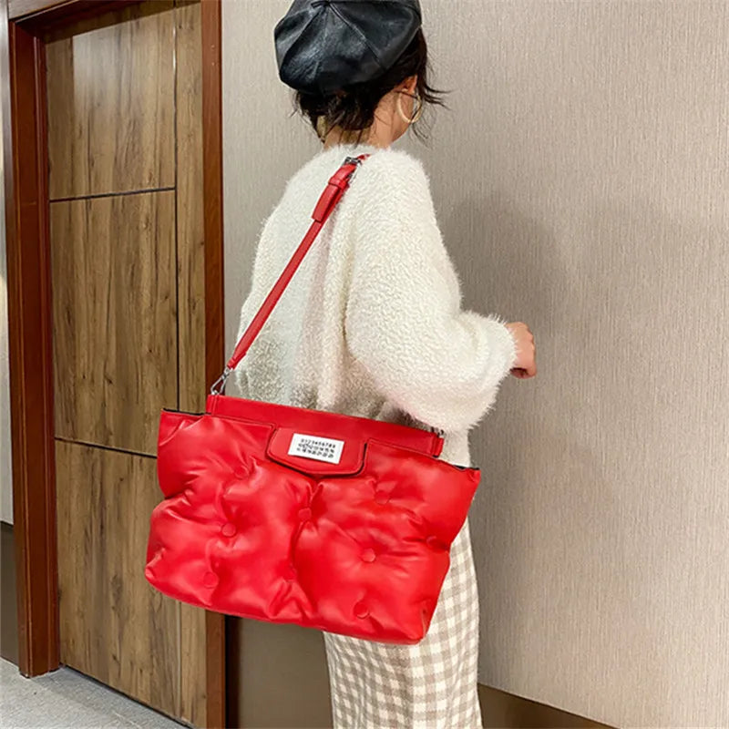 New Winter Women Down Bag Space Padded Handbag PU Leather Shoulder Bag Female Solid Color Luxury Designer Quilted Messenger Bag