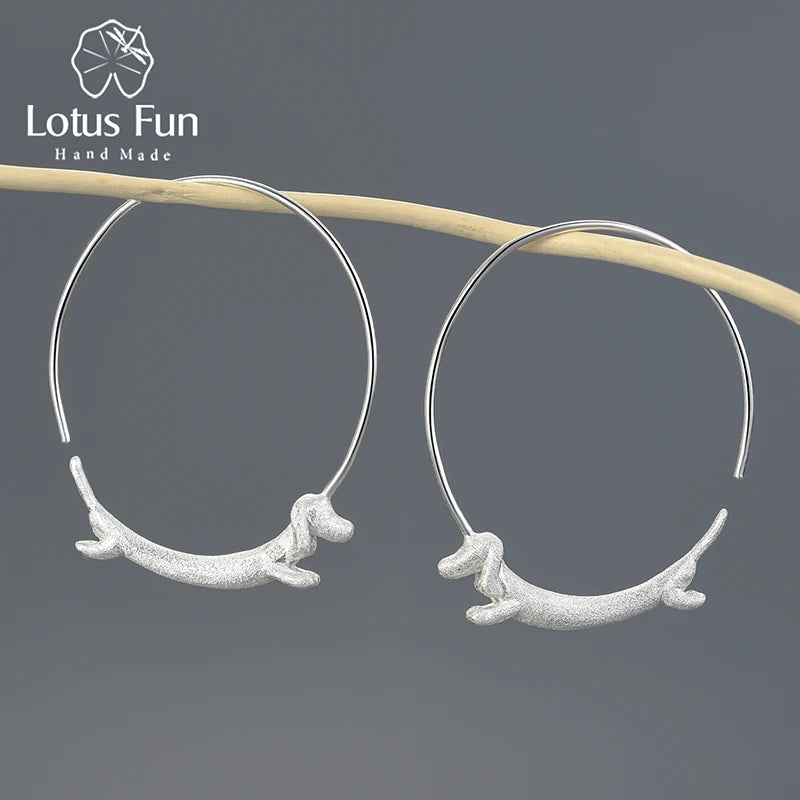 Lotus Fun 18K Gold Female Flying Dachshund Dog Big Round Hoop Earrings 2021 Trend New Real 925 Sterling Silver Women Jewelry