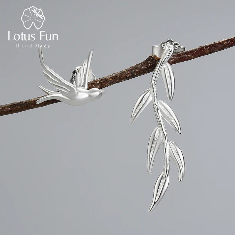 Lotus Fun Luxury 18K Gold Swallow Willow Branch Asymmetrical Unusual Dangle Earrings For Women 925 Sterling Silver Fine Jewelry