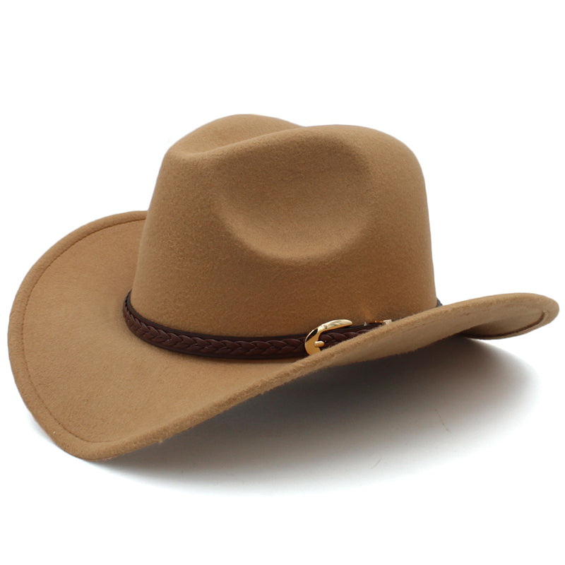 Coffee Leather Band Vintage Parent-child Women Men /Kid Child Wool Wide Brim Cowboy Western Hat Cowgirl Bowler Cap (54-57-61cm)