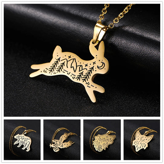 Stainless Steel Animal Pendant Necklace Rabbit Bear Eagle Dog Fox Wolf Scenery Moon Sun Tree Chain Necklaces Jewelry for Women