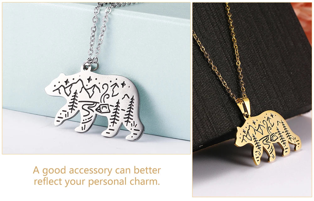 Stainless Steel Animal Pendant Necklace Rabbit Bear Eagle Dog Fox Wolf Scenery Moon Sun Tree Chain Necklaces Jewelry for Women