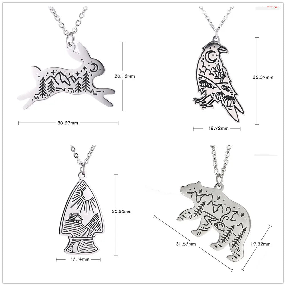 Stainless Steel Animal Pendant Necklace Rabbit Bear Eagle Dog Fox Wolf Scenery Moon Sun Tree Chain Necklaces Jewelry for Women