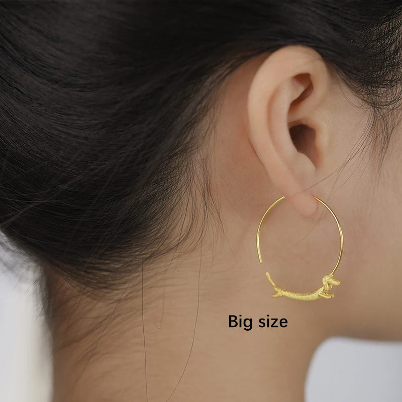 Lotus Fun 18K Gold Female Flying Dachshund Dog Big Round Hoop Earrings 2021 Trend New Real 925 Sterling Silver Women Jewelry