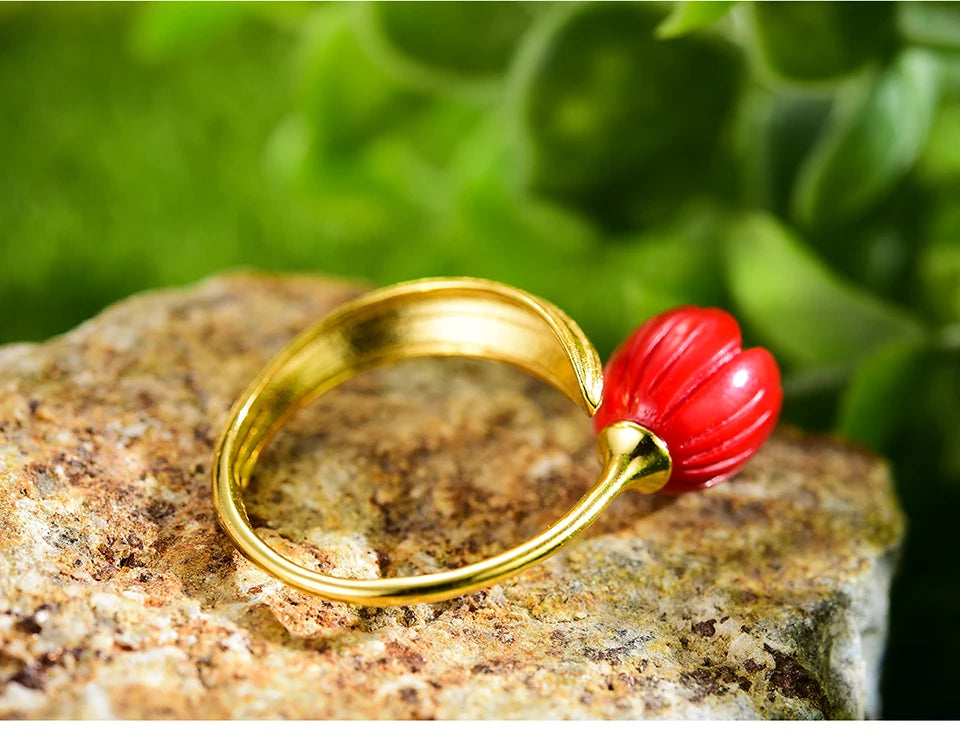 Lotus Fun Real 925 Sterling Silver 18k Gold Ring Red Coral Handmade Fine Jewelry Lily of the Valley Flower Rings For Women Gift