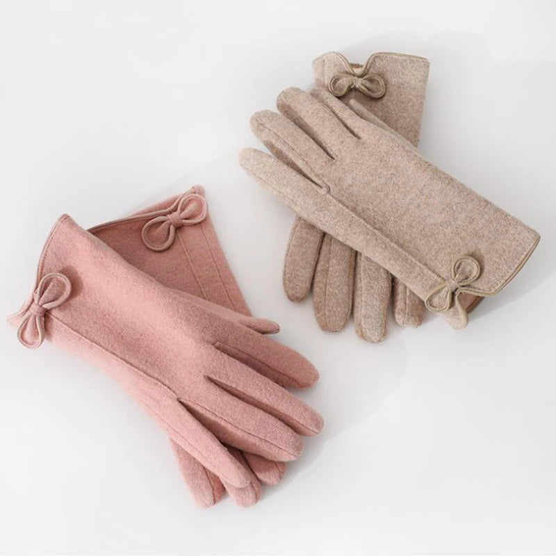 Women's Winter Cashmere Touch Screen Warm Gloves Outdoor Riding Plus Velvet Thicken Wool Bow Full Finger Driving Mittens S29