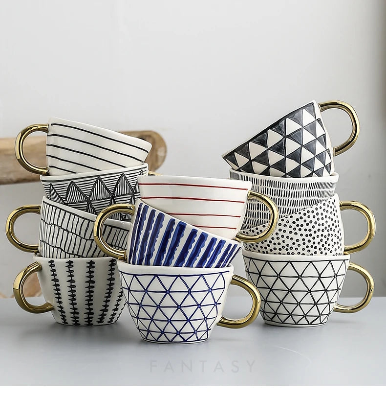 Hand Painted Geometric Ceramic Mugs With Gold Handle Handmade Irregular Cups For Coffee Tea Milk Oatmeal Creative Birthday Gifts