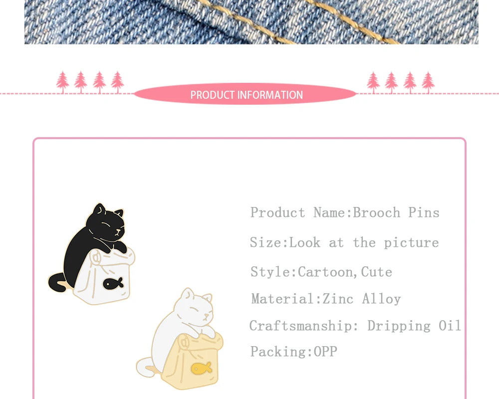 Cute Black White Cats Enamel Pins Dried Fish Bag Brooch Cartoon Animal Badges Denim Lapel Pin Jewelry Gift for Kids Best Friends