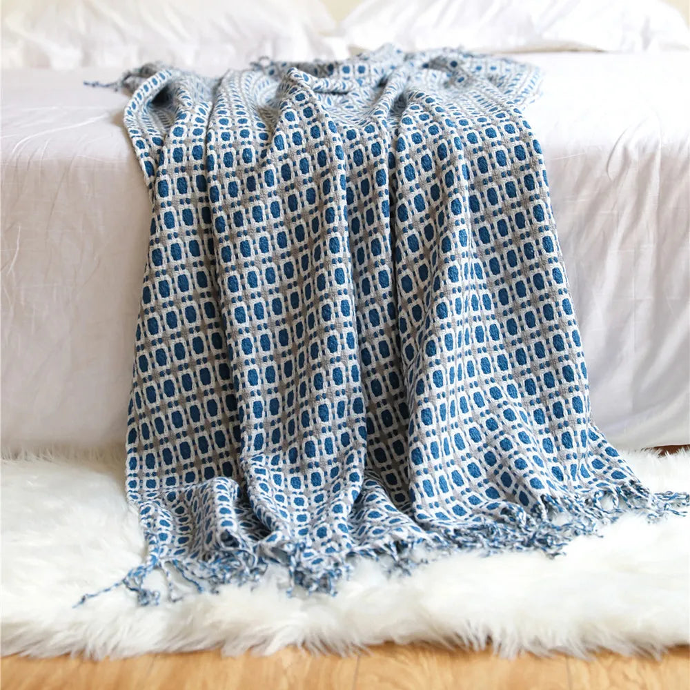 Textile City Nordic Simplicity Knitted Checkered Throw Blanket Plaid Navy Blue Tassels Sofa Sheet for Spring Autumn 130x240cm