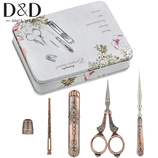 5pcs/set Exquisite Vintage Scissors Set Sewing Scissor Awl Threader Thimble Needle Storage Case Sewing Kit DIY Embroidery Tool