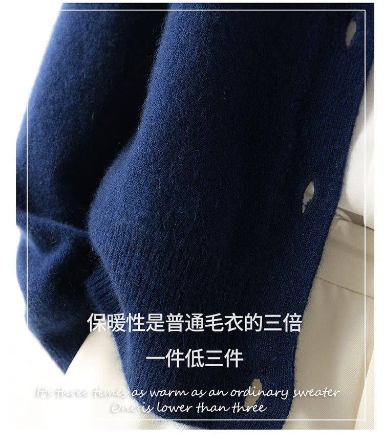 Autumn and Winter 100% Wool Cashmere Sweater Women's Self-Cultivation Half High Neck Cardigan Warm Knitted Sweater Women