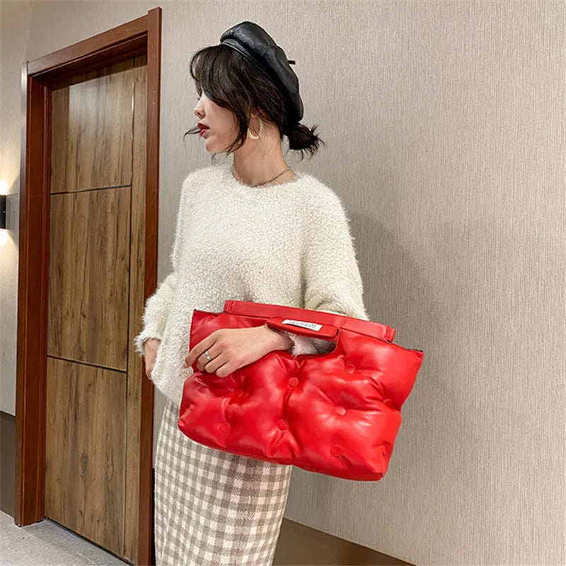 New Winter Women Down Bag Space Padded Handbag PU Leather Shoulder Bag Female Solid Color Luxury Designer Quilted Messenger Bag