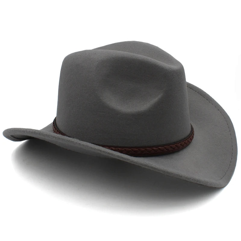 Coffee Leather Band Vintage Parent-child Women Men /Kid Child Wool Wide Brim Cowboy Western Hat Cowgirl Bowler Cap (54-57-61cm)