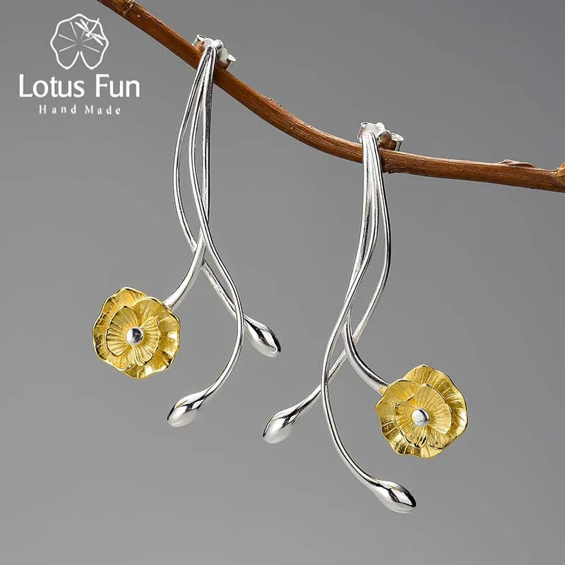 Lotus Fun Long Hanging Unusual Luxury Elegant Anemone Flower Dangle Earrings For Women 925 Sterling Silver Statement Jewelry