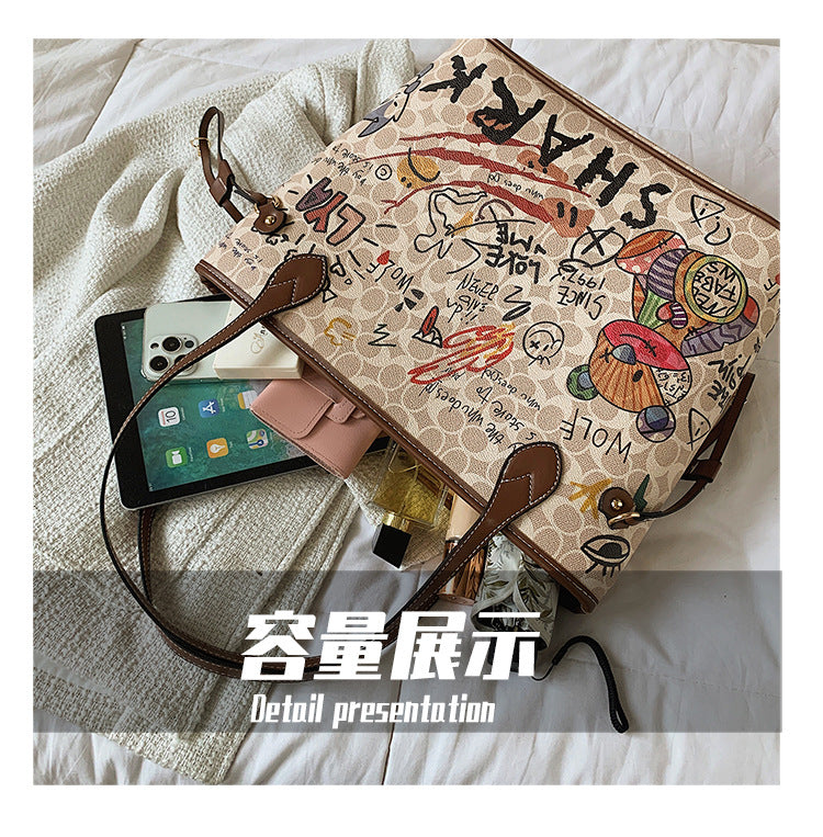 Cartoon Graffiti Women Bags 2023 Luxury Designer Bag Famous Brand Bear Print Leather Shoulder Bag Travel Tote Handbags Neverful