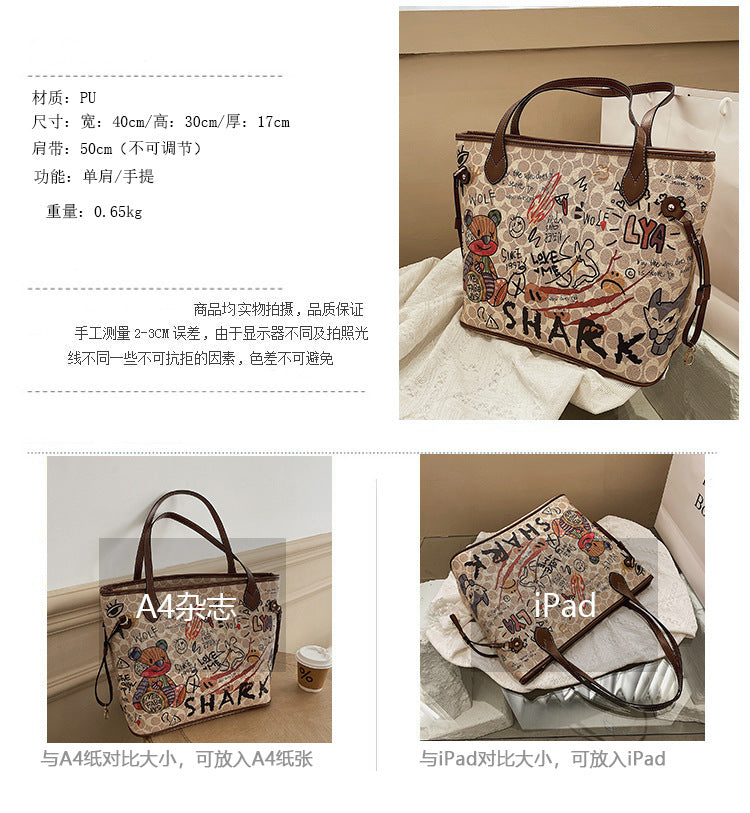 Cartoon Graffiti Women Bags 2023 Luxury Designer Bag Famous Brand Bear Print Leather Shoulder Bag Travel Tote Handbags Neverful