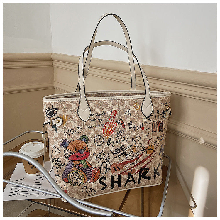 Cartoon Graffiti Women Bags 2023 Luxury Designer Bag Famous Brand Bear Print Leather Shoulder Bag Travel Tote Handbags Neverful