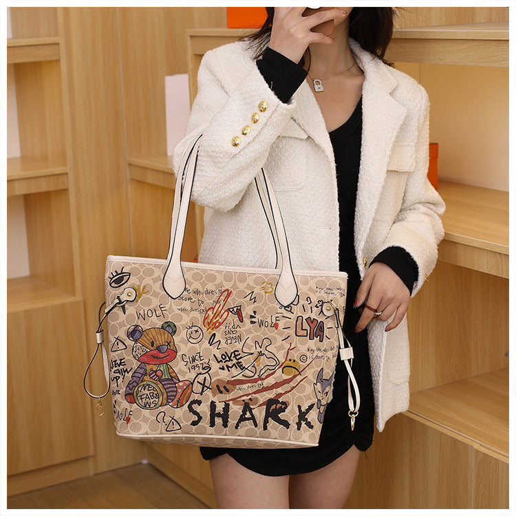 Cartoon Graffiti Women Bags 2023 Luxury Designer Bag Famous Brand Bear Print Leather Shoulder Bag Travel Tote Handbags Neverful