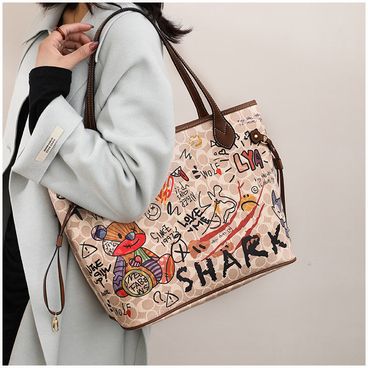 Cartoon Graffiti Women Bags 2023 Luxury Designer Bag Famous Brand Bear Print Leather Shoulder Bag Travel Tote Handbags Neverful