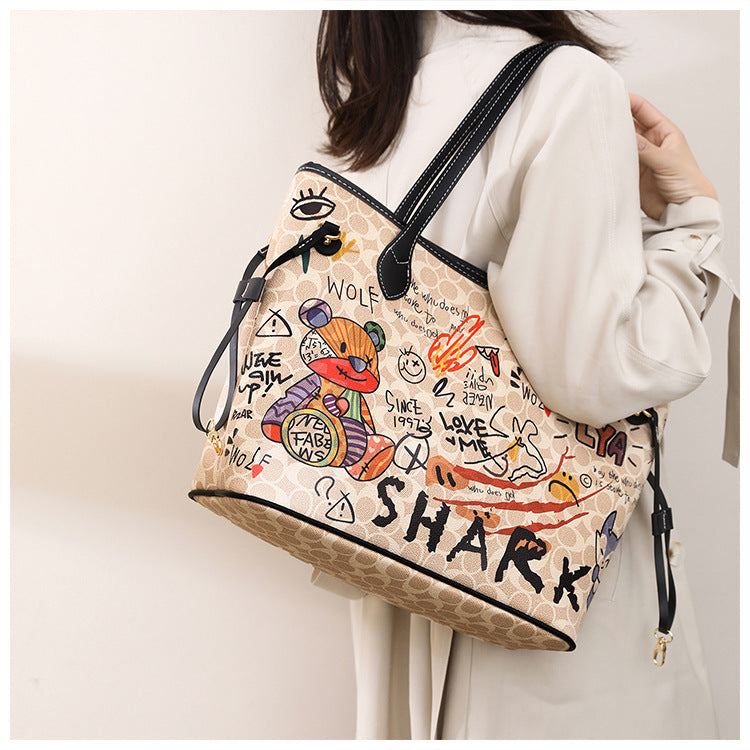 Cartoon Graffiti Women Bags 2023 Luxury Designer Bag Famous Brand Bear Print Leather Shoulder Bag Travel Tote Handbags Neverful