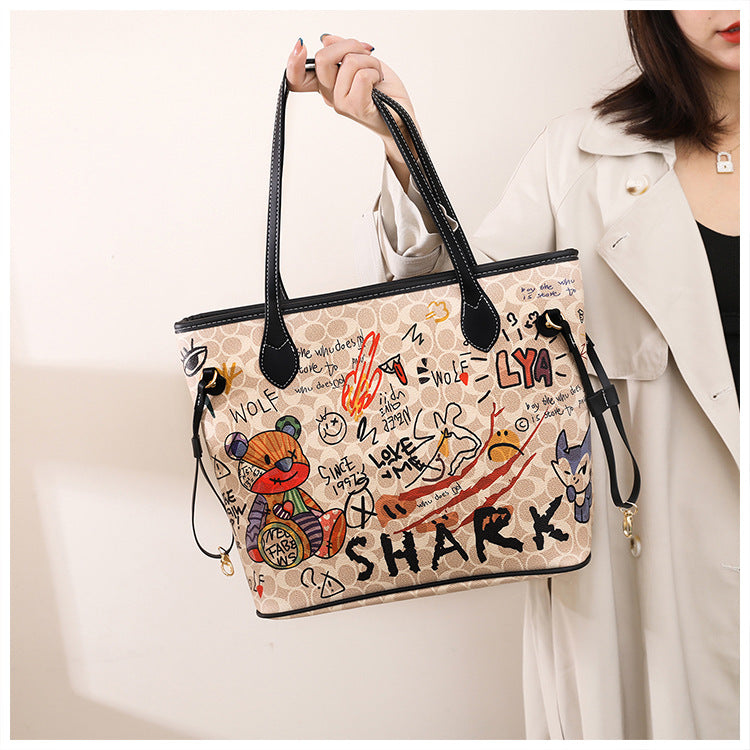 Cartoon Graffiti Women Bags 2023 Luxury Designer Bag Famous Brand Bear Print Leather Shoulder Bag Travel Tote Handbags Neverful