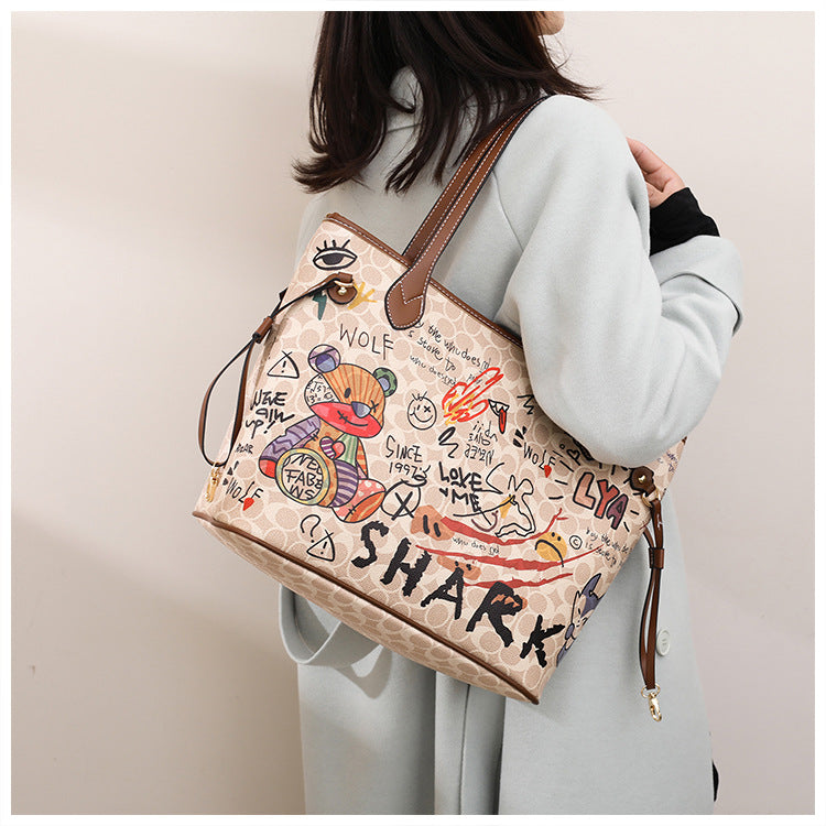 Cartoon Graffiti Women Bags 2023 Luxury Designer Bag Famous Brand Bear Print Leather Shoulder Bag Travel Tote Handbags Neverful