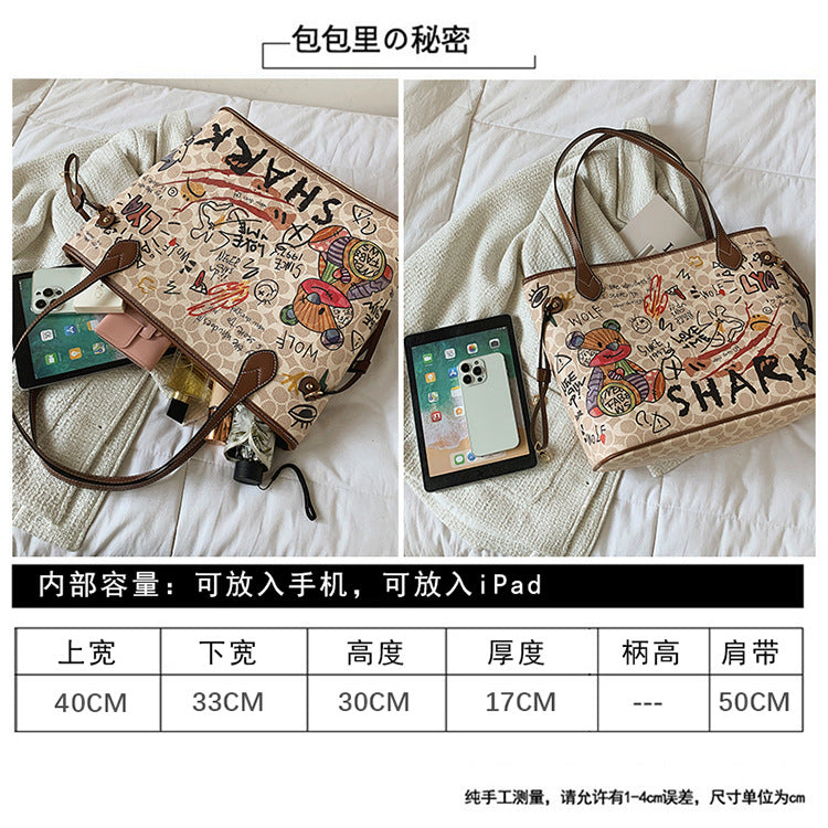 Cartoon Graffiti Women Bags 2023 Luxury Designer Bag Famous Brand Bear Print Leather Shoulder Bag Travel Tote Handbags Neverful