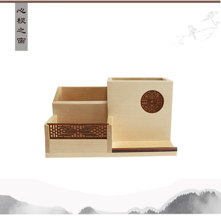 2022 Desktop Finishing Box Wooden Office Stationery Storage Box Pen Holder Creative Combination Multi-function Pen Holder