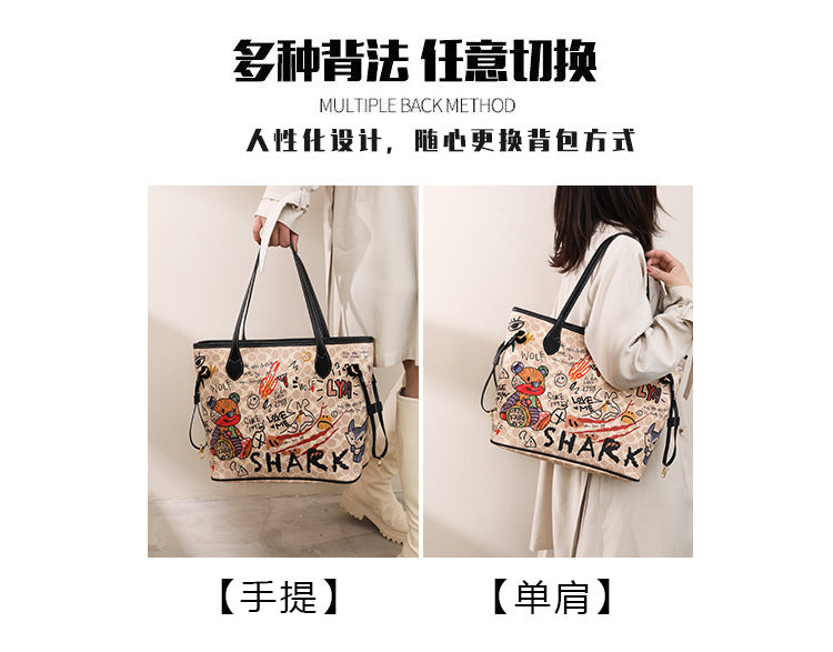 Cartoon Graffiti Women Bags 2023 Luxury Designer Bag Famous Brand Bear Print Leather Shoulder Bag Travel Tote Handbags Neverful