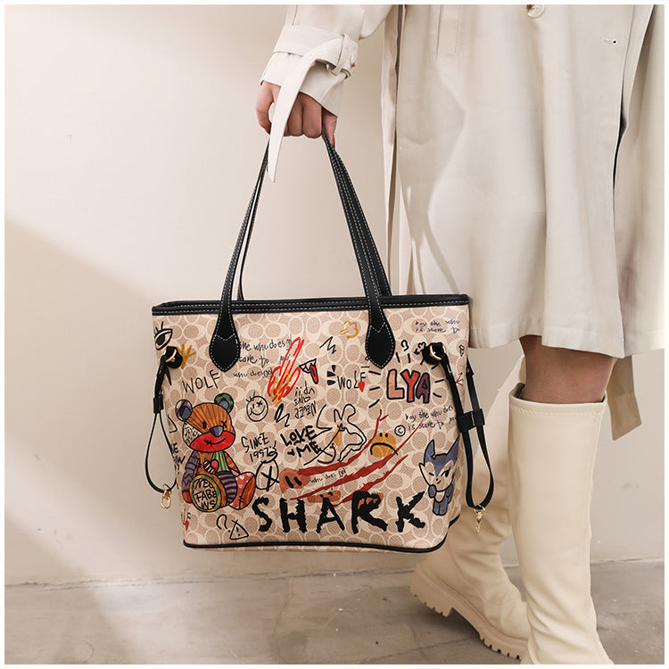 Cartoon Graffiti Women Bags 2023 Luxury Designer Bag Famous Brand Bear Print Leather Shoulder Bag Travel Tote Handbags Neverful