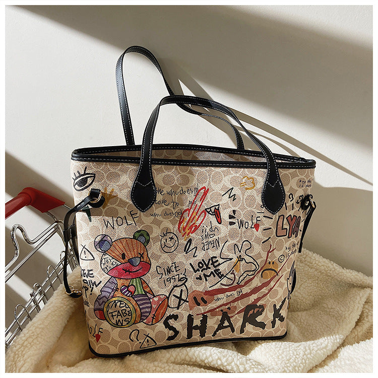 Cartoon Graffiti Women Bags 2023 Luxury Designer Bag Famous Brand Bear Print Leather Shoulder Bag Travel Tote Handbags Neverful