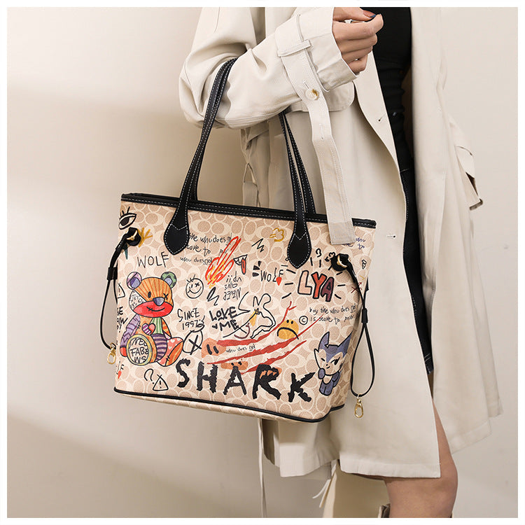 Cartoon Graffiti Women Bags 2023 Luxury Designer Bag Famous Brand Bear Print Leather Shoulder Bag Travel Tote Handbags Neverful