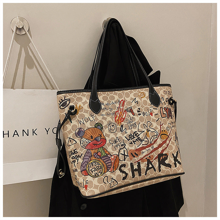 Cartoon Graffiti Women Bags 2023 Luxury Designer Bag Famous Brand Bear Print Leather Shoulder Bag Travel Tote Handbags Neverful