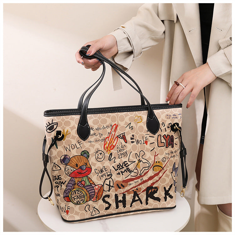 Cartoon Graffiti Women Bags 2023 Luxury Designer Bag Famous Brand Bear Print Leather Shoulder Bag Travel Tote Handbags Neverful