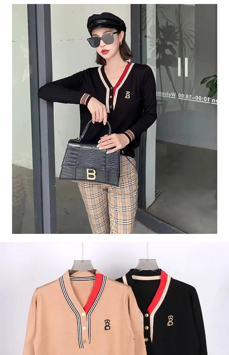 Letter Embroidered Knit Pullover Contrast Stripe V-neck Sweater Autumn Winter Women Tops Luxury Designer Brand Knitwear Clothing