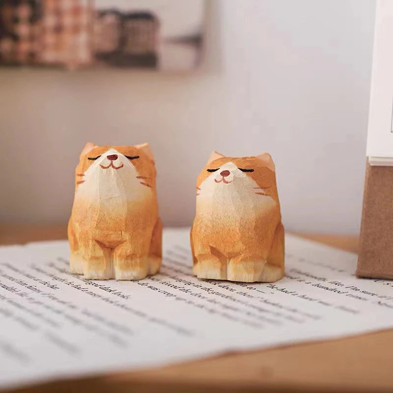 Mini Wooden Cat Animal Figurine Hand Carved Wood Cat Dog Statues Cute Painted Shiba Inu Cats Crafts Ornaments Table Deocr Gifts