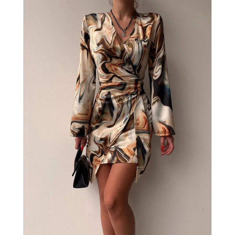 Women's Autumn New Long Sleeved Fashionable Printed Pleated Dress Sexy V-neck Irregular Casual Short Dress For Women