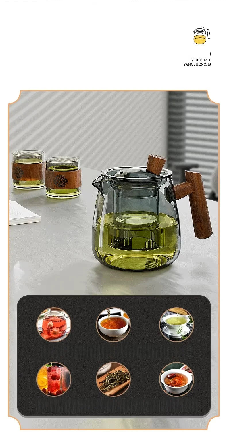 GIANXI 530ml Heat-Resistant Glass Teapot With Walnut Handle Chinese Drain/Storage Tea Tray Home Hospitality Kung Fu Tea Set