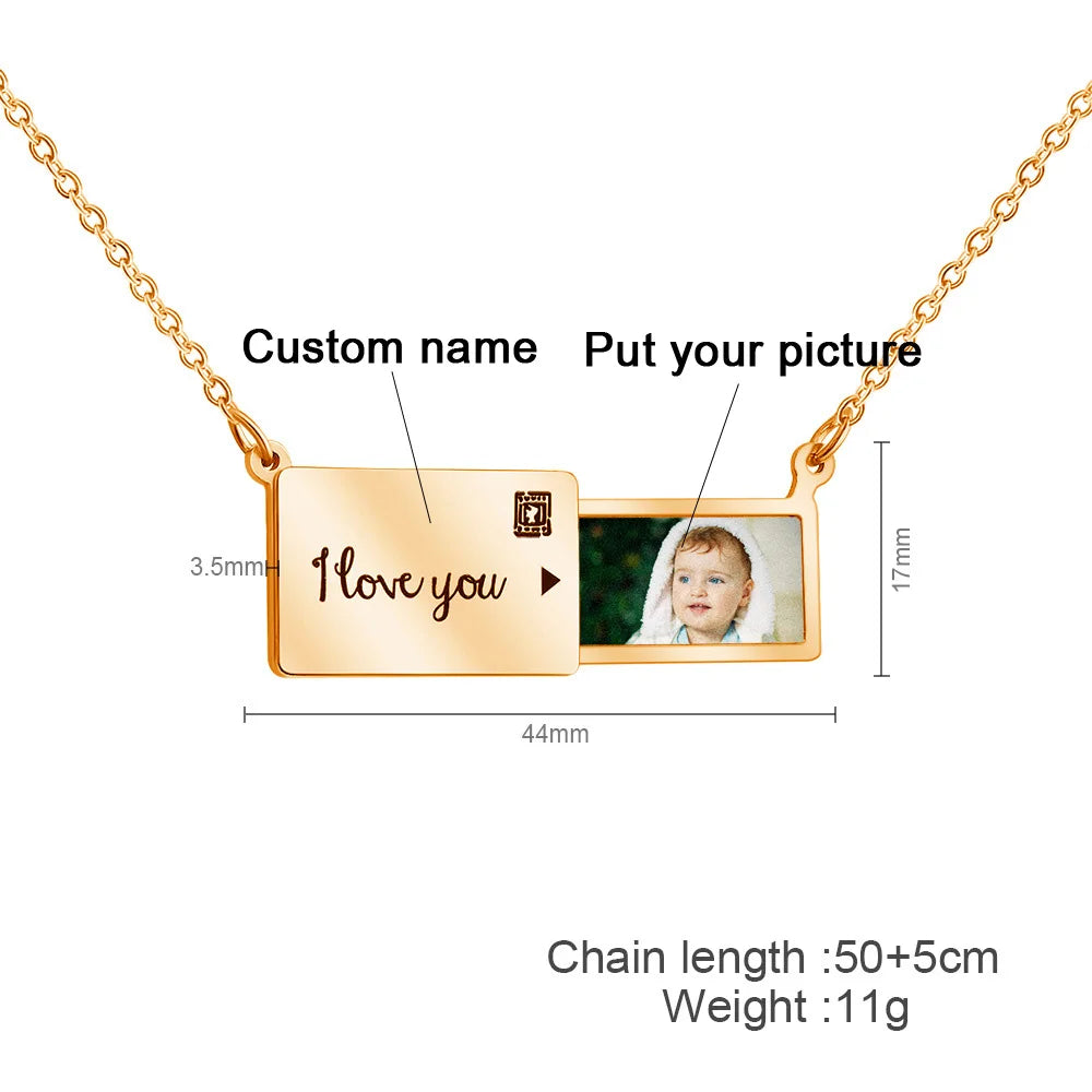 Stainless Custom Photo Message Envelope Necklace Pull-Out Envelope Pendant for Women Customized Name Jewelry Gift Mother's Day