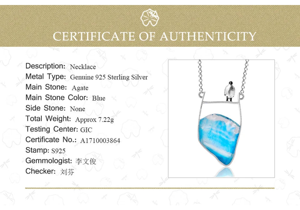 Lotus Fun Real 925 Sterling Silver Natural Agate Gemstones Fine Jewelry Lovely Penguin Necklace with Pendant for Women Collier