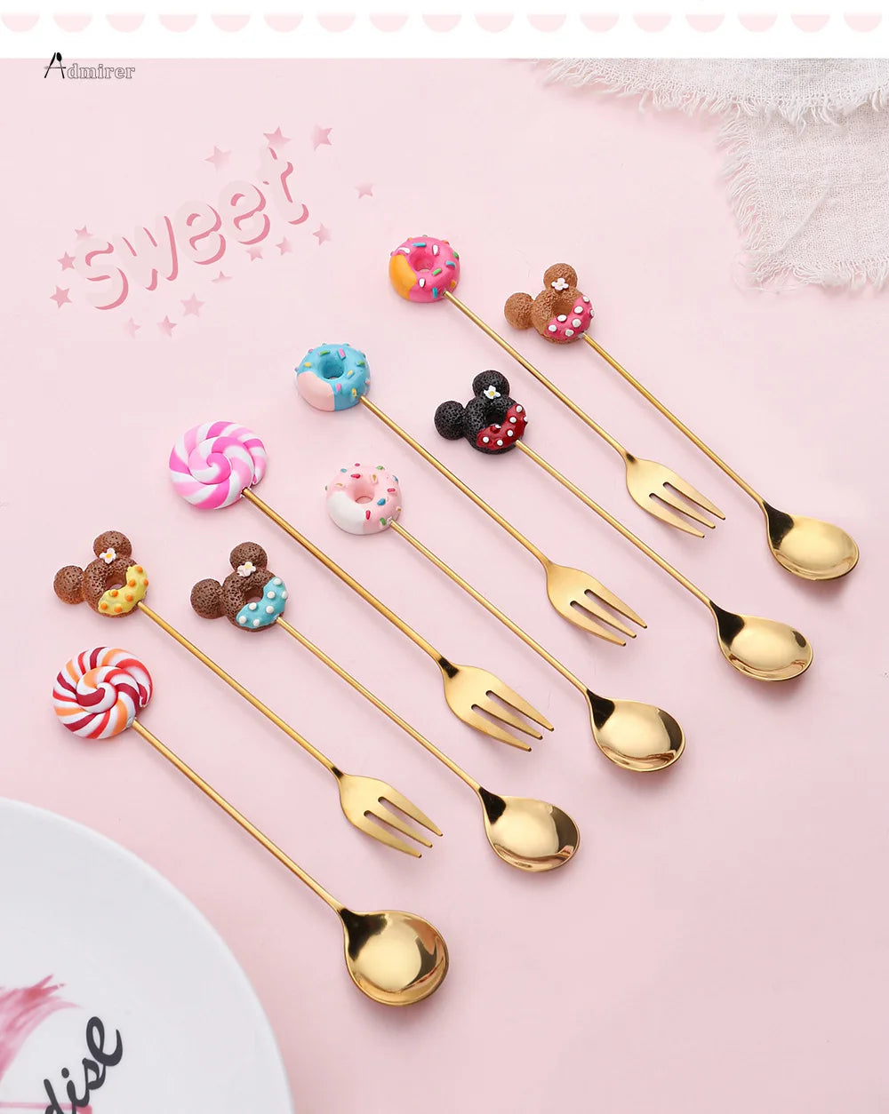 Stainless Steel Spoon Fork Cute Version Rainbow Lollipop Donut Macaron Dessert Spoons Fruit Forks Kids Set Kitchen Accessories