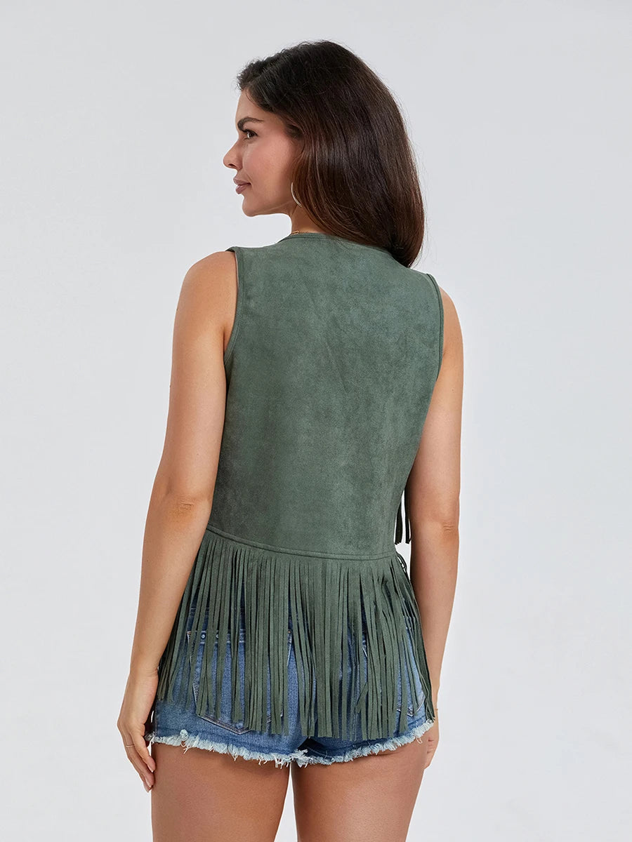 Women Fringe Vest Faux Suede Open Front Vintage Vest Sleeveless Hippie Clothes Boho Western Cowboy Style Short Jacket