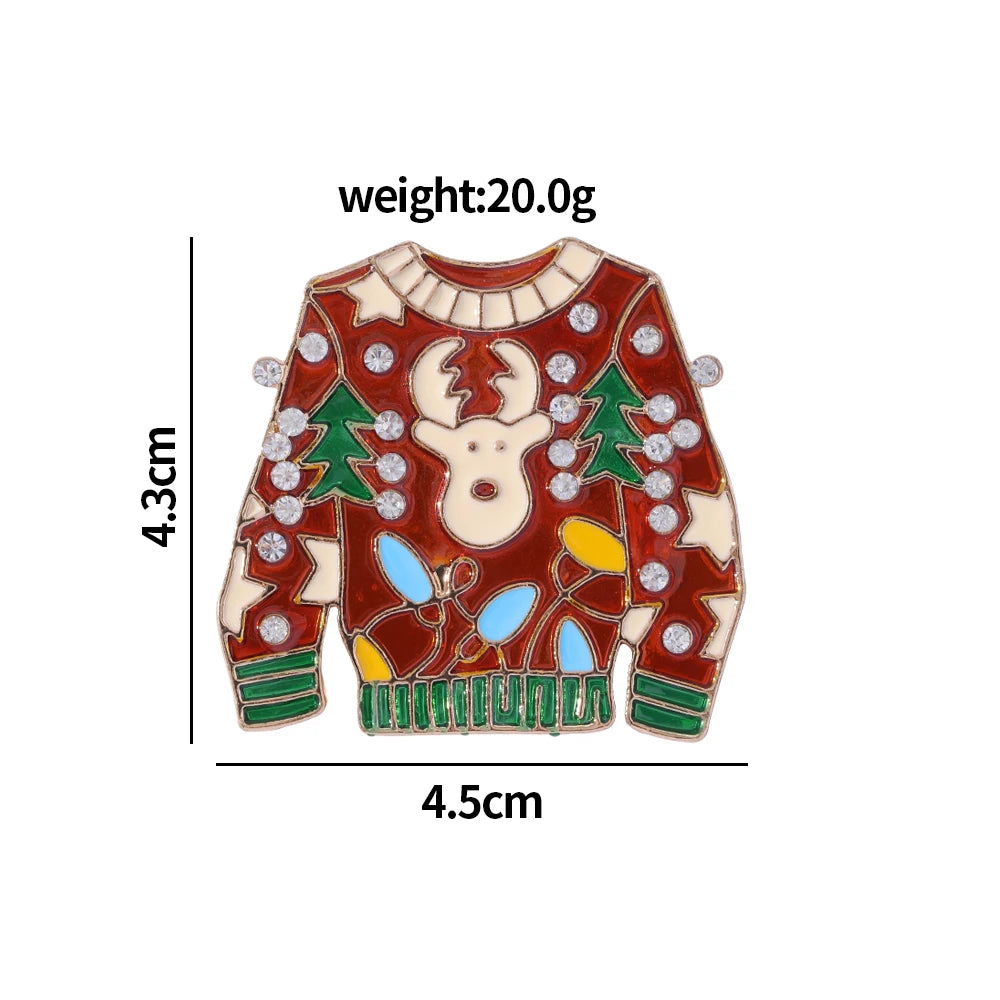 Vintage Ugly Christmas Sweater Brooches Cute Reindeer Crystal Rhinestone Xmas Jumpers Pins for Women Holiday Gift Wholesale