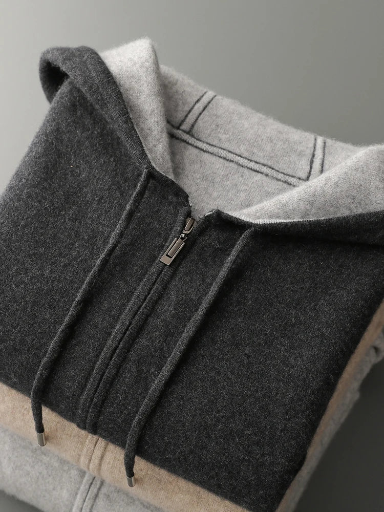 Men's Cashmere Sweater 100% Merino Wool Cardigan Hoodie Thick Zipper Knitwear Luxary Quality Coat Smart Casual Tops Clothing