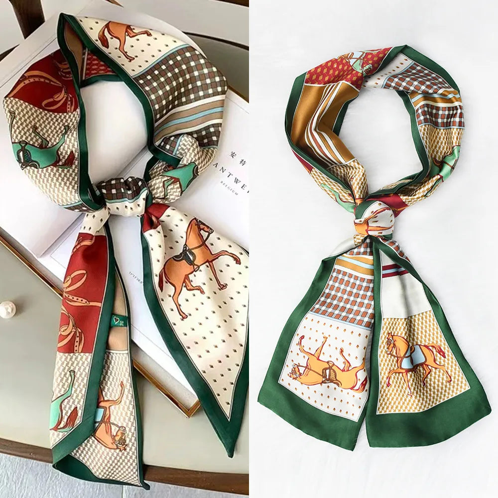 Luxury Horse Pattern Imitation Silk Scarf Headband Neckerchief Foulard Female Hair Scarfs Neck Tie Skinny Scarves Soft Satin